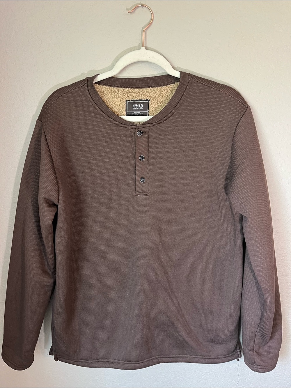 Nomad by Craft + Flow Brown Sherpa Lined Waffle Knit Henley Pullover Size Small